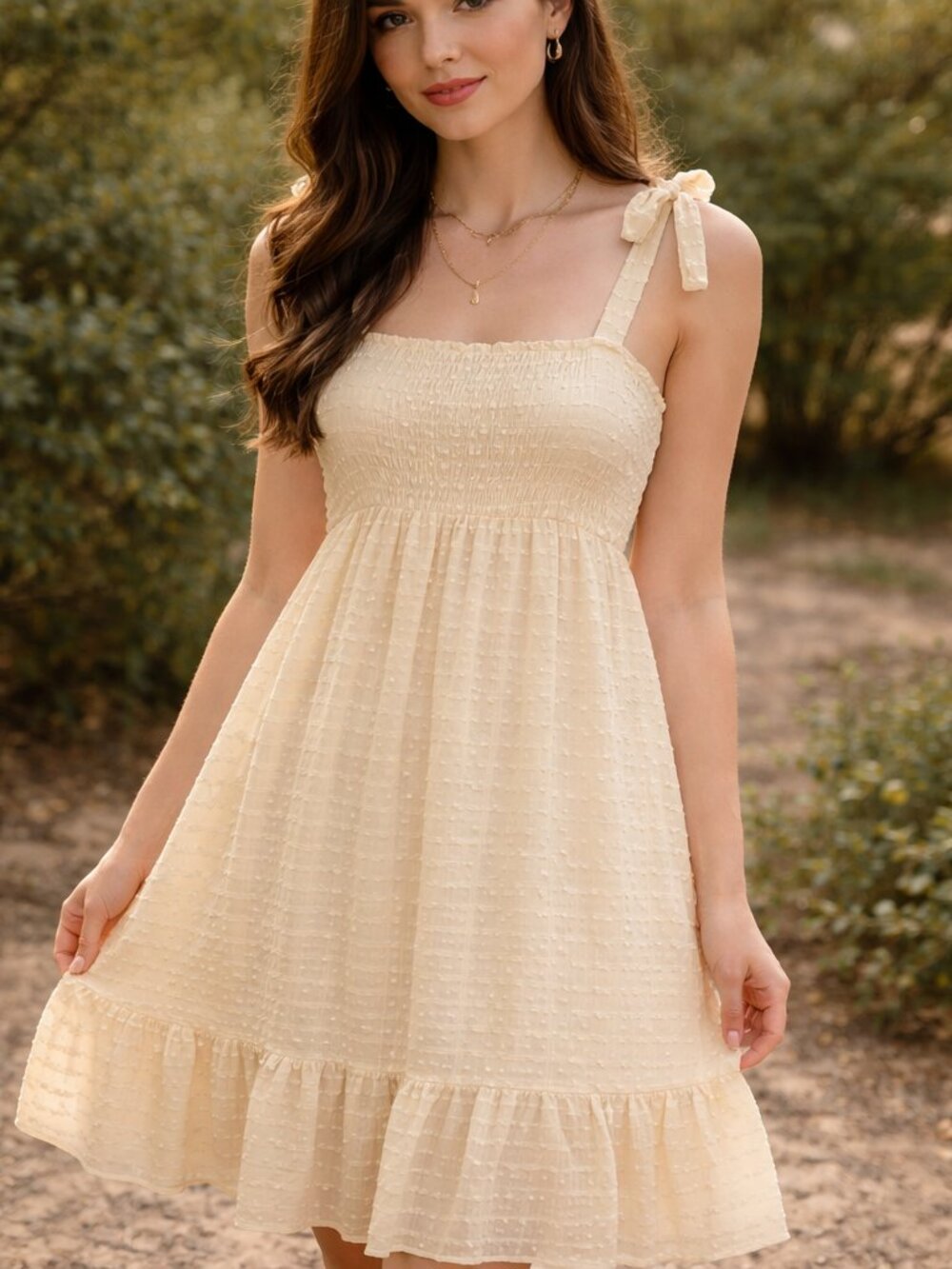 Storia Cream Textured Babydoll Dress Ruffle Tie Strap Boho Cottagecore Size L‎